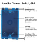 10 Pack Single Gang New Work Electrical Boxes Blue PVC 18 Cu In 1 Gang Switch Outlet Box For Residential And Commercial Jobs Easy Install Durable Nail In Wall Box Pro Grade Heavy Duty front view showing features.