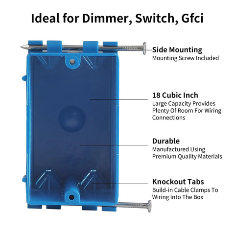 10 Pack Single Gang New Work Electrical Boxes Blue PVC 18 Cu In 1 Gang Switch Outlet Box For Residential And Commercial Jobs Easy Install Durable Nail In Wall Box Pro Grade Heavy Duty front view showing features.