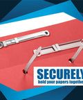 50-Piece Premium Prong Fastener Set With 3.5 Inch Capacity And 4.25 Inch Prong Spacing, shown securing red paper folder