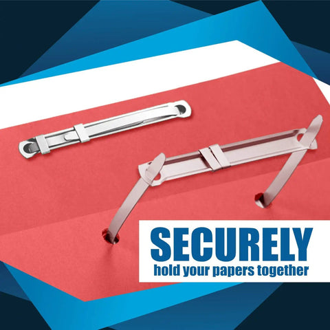 50-Piece Premium Prong Fastener Set With 3.5 Inch Capacity And 4.25 Inch Prong Spacing, shown securing red paper folder