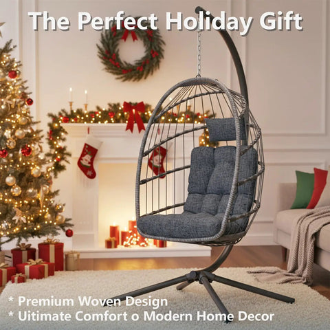 Outdoor Indoor Hanging Egg Chair With Stand Cushioned Swing Seat In Dark Grey Wicker Hammock For Patio Or Bedroom Weather Resistant PE Wicker Ergonomic Comfort 350 Lbs Capacity in living room holiday setting
