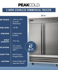Heavy Duty Commercial 2 Door Stainless Steel Freezer 47 Cubic Feet Capacity 54 Inch Wide with adjustable shelves and digital control.