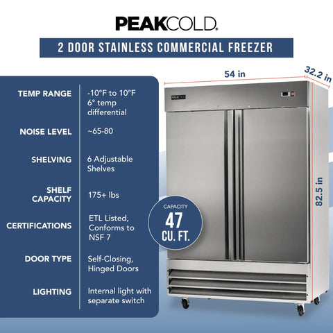 Heavy Duty Commercial 2 Door Stainless Steel Freezer 47 Cubic Feet Capacity 54 Inch Wide with adjustable shelves and digital control.
