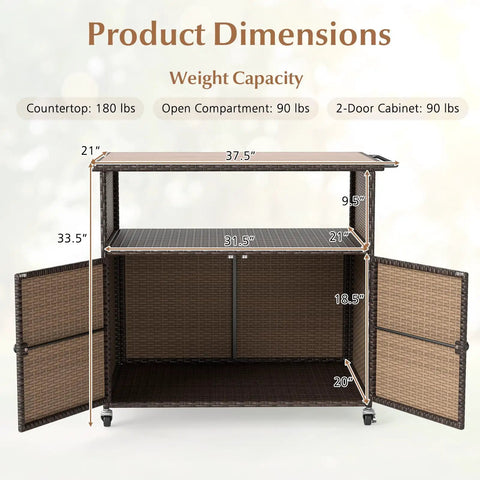 Sturdy Outdoor Storage Cabinet On Wheels With Solid Acacia Wood Frame And PE Rattan Finish showing dimensions and weight capacity.