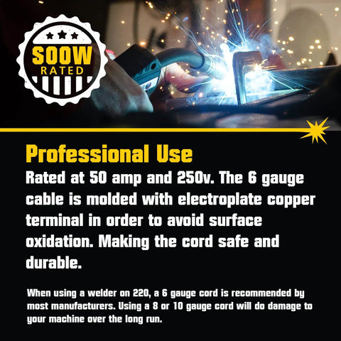Rugged Welder Extension Cord 50 Amp 250V SOOW Rated NEMA 6-50 Heavy Duty Welding Cable 6 Gauge 25 Ft Flexible Copper Terminals For Industrial Welders In Tough Shop Environments, SOOW rated