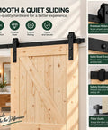 Unfinished 42 Inch by 84 Inch British Brace Knotty Barn Door with Double Sided Finish Made of Solid Canadian Spruce Includes Sliding Hardware Kit for the Flex to Stain or Paint and Effortless Assembly for Smooth Operation Results, showcasing smooth sliding hardware.