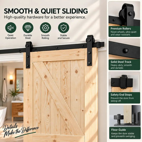 Unfinished 42 Inch by 84 Inch British Brace Knotty Barn Door with Double Sided Finish Made of Solid Canadian Spruce Includes Sliding Hardware Kit for the Flex to Stain or Paint and Effortless Assembly for Smooth Operation Results, showcasing smooth sliding hardware.