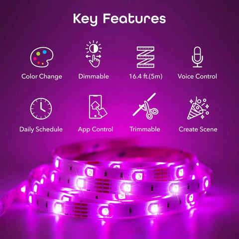 Prisma 16.4ft Smart WiFi LED Strip Lights That Work With Alexa And Google Assistant key features in purple lighting