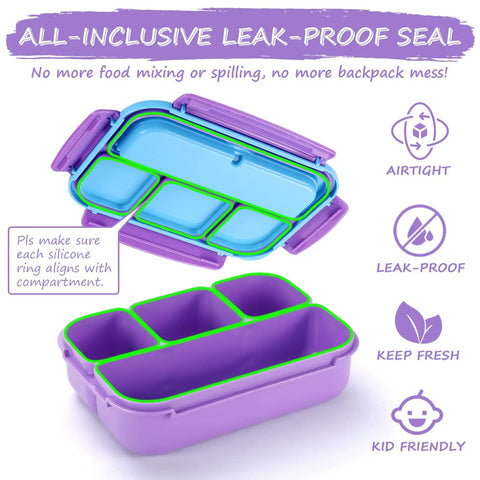 Colorful 4 Compartment Bento Lunch Box Set For Kids And Adults With 1200ml Capacity Includes Sauce Container Utensils Food Picks And Muffin Cups Purple Color Perfect For School Lunches Meal Prep And On The Go with leak-proof seal.