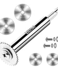 PVC Pipe Inside Cutter Kit with 4 saw blades, 1/4 inch hex shank, and screws for cutting 1-1/4 to 1-3/4 inch PVC pipes, a handy DIY plumbing tool