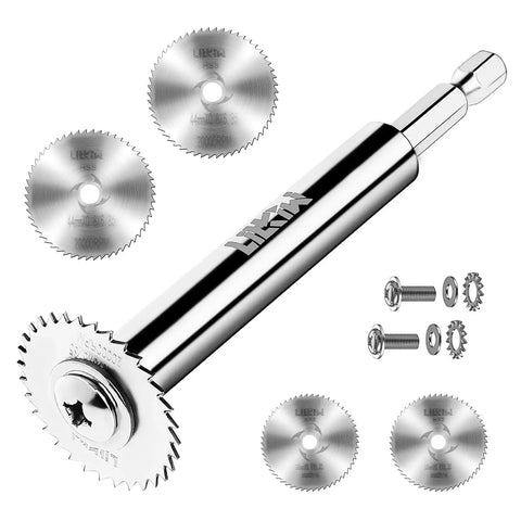 PVC Pipe Inside Cutter Kit with 4 saw blades, 1/4 inch hex shank, and screws for cutting 1-1/4 to 1-3/4 inch PVC pipes, a handy DIY plumbing tool