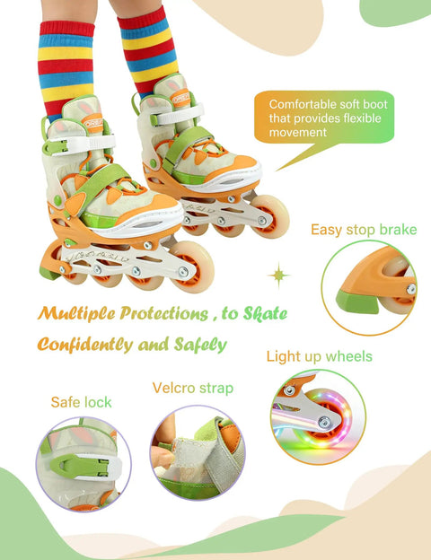 Adjustable Inline Skates For Kids Ages 12 To 16 Youth Size Y6 To Y8 Light Up Wheels Outdoor And Indoor Use Safe Semi Soft Boot