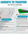 Infographic on silicone coating wipers with memory spring strip, natural rubber, and exclusive technology for quiet performance.