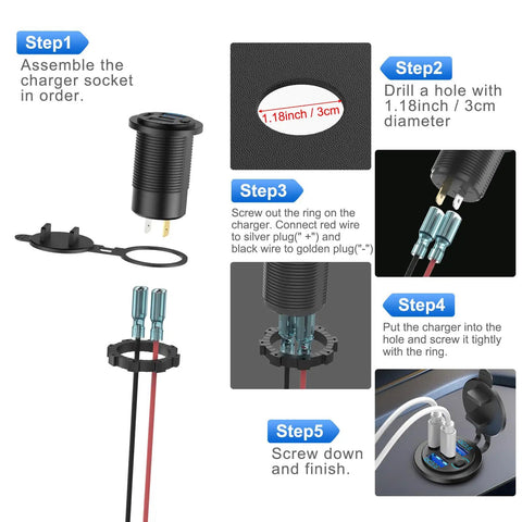 Installation steps for Two Pack 12V USB Car Charger With Four Ports 78W Fast Charge PD3 And QC3 Quick Charge Waterproof Socket.