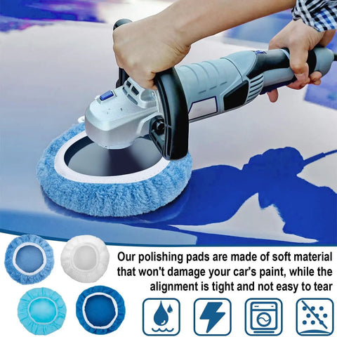 20 Piece Car Buffer Pad Set For Orbital Polisher 5 To 6 Inch Pads For Polishing Buffing And Waxing With Navy Blue Terry Cloth White Wool And Blue Non Woven Pads For A Pro Shine. orbital polisher on car hood with blue wool pad