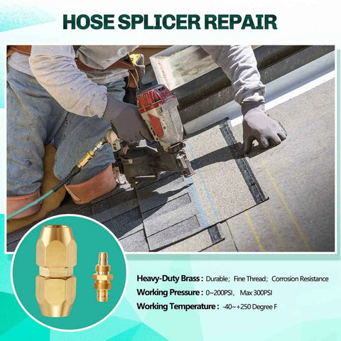Beefed Up Solid Brass Air Hose Splicer Repair Kit For One Quarter Inch ID Hoses, shown in use in a roofing application.