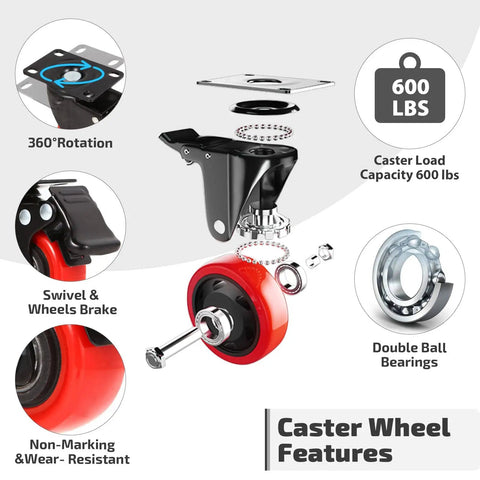 Exploded view of 2 Inch Casters Set Of 4 Heavy Duty Top Plate Caster Wheels With Brake 600 Lbs Dual Locking Furniture Castors.