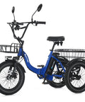 Electric Tricycle For Adults With Fat Tire Folding Three Wheel E Trike 18 Inch Wheels Peak 700W Step Through Frame Removable 468Wh Battery And Large Basket Perfect For Men And Women, blue side view