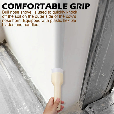 3/4 Inch Outside Bull Nose Corner Trowel For Drywall And Plaster Finishing with cream plastic handle in hand against wall