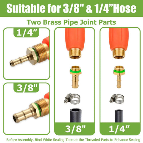 All Metal 29 Inch Sprayer Wand For Tank Sprayers With Stainless Steel Extension Tubes And Brass Barbs One Quarter Inch And Three Eighths Inch Joints with orange handle and hose clamps.