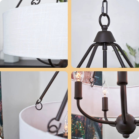Details of Beatrix 26 Inch Traditional 5 Light Chandelier With Adjustable Chain Link Hanging Light And White Linen Drum Shade