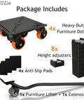 Heavy Duty Furniture And Appliance Lifter Jack With Rolling Wheels And Sliders, 3475 Lb Capacity, Movers Dolly Coaster Kit