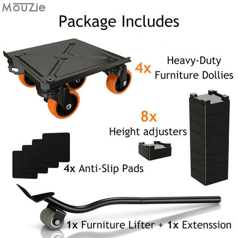 Heavy Duty Furniture And Appliance Lifter Jack With Rolling Wheels And Sliders, 3475 Lb Capacity, Movers Dolly Coaster Kit