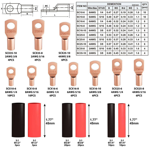 Tivorex battery cable lug crimping tool set with ring terminals (64 pcs) and heat shrink tubing (70 pcs) for AWG 10-1/0