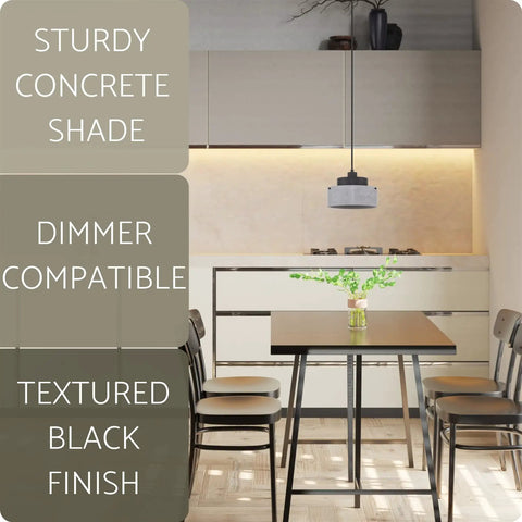 Xander 11 Inch Modern Pendant Light With Concrete Drum Shade And Textured Black Finish in a kitchen setting