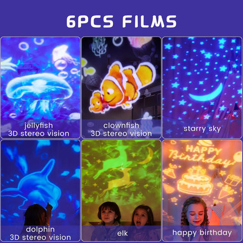 Ocean Night Light Projector For Kids With Galaxy Nebula Visuals showing 6 film options including jellyfish, clownfish, and starry sky.