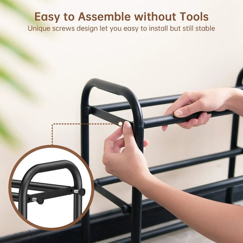 Hands assembling an Expandable Three Tier Metal Shoe Rack For Entryway Closet And Doorway Free Standing Heavy Duty Organizer