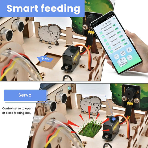 Smart feeding demo with mobile control in ESP32 Smart Farm Starter Kit For Arduino Fans With DIY Sensor Set And Auto Irrigation Light