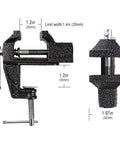 Front and side view of 2 In 1 Mini Bench Vise And Hook Sharpener For Diyers, Portable Jeweler Table Clamp with measurements.