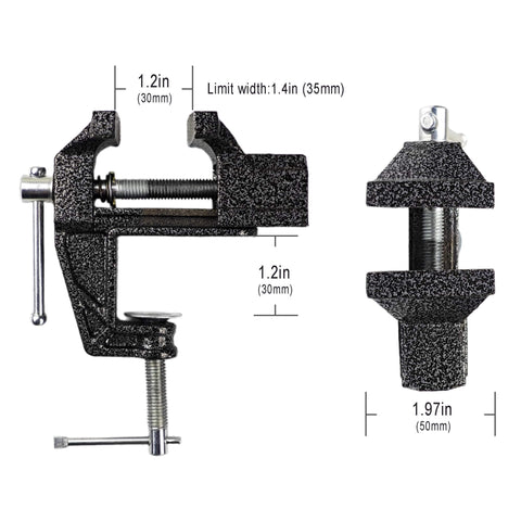 Front and side view of 2 In 1 Mini Bench Vise And Hook Sharpener For Diyers, Portable Jeweler Table Clamp with measurements.