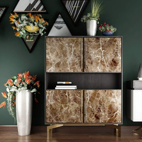 Brown cabinet with Peel And Stick Marble Countertop Vinyl Wrap 15.8 By 197 Inch Self Adhesive Brown Marble used on doors.