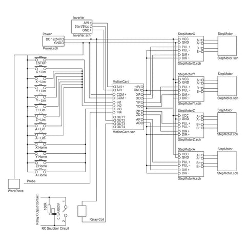 Wiring diagram for 4 Axis CNC Controller Kit With Nema23 Stepper Motors 57x76mm And 270 Oz-In Torque, TB6600 Driver 4A.