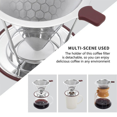 Stainless Steel Pour Over Cone Filter With Removable Stand Honeycombed Mesh For Reusable Paperless Brewing In A 1 To 2 Cup Size