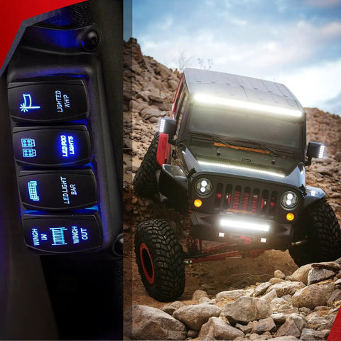 Heavy Duty 16AWG LED Pod Lights Wiring Harness Kit With Four Leads Power Relay Inline Fuse And Weatherproof Connectors Handles Up To 180W Total Blue Finish Ideal For Off Road Trucks Jeeps UTVs And Outdoor Lighting Setups, Jeep switch panel with LED light controls