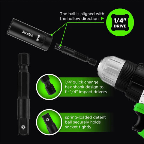 Close-up of 29-Piece 1/4-Inch Drive Impact Socket Set with 12-point socket, CR-V steel, and drill adapter for DIY use.
