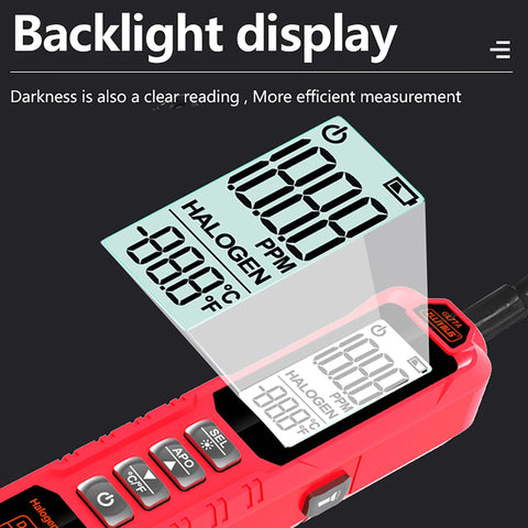 Red handheld halogen freon leak detector with backlit LCD display for RV AC refrigerant repair