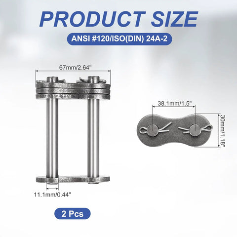 Durable ANSI #120 Roller Chain Connecting Links With 38.1mm Pitch Featuring Solid Manganese Steel Build For Serious Heavy Duty Applications, size 67mm x 11.1mm, set of 2 pcs.