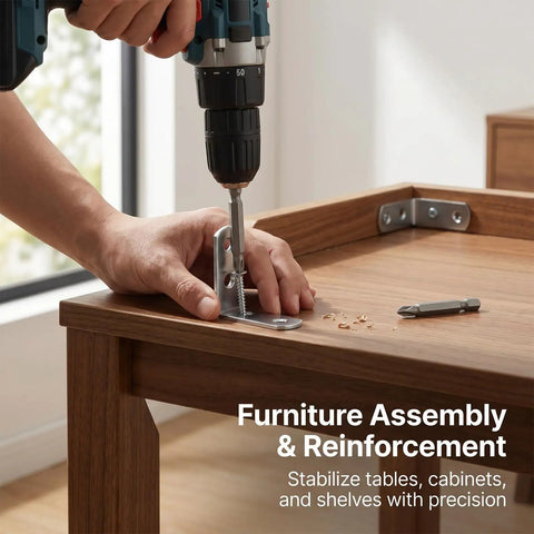 Heavy Duty Stainless Steel L Brackets For Wood installed on a wooden table for stable furniture assembly and drawer repair.