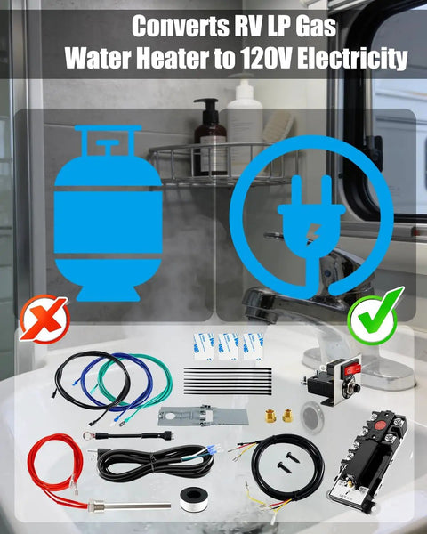 RV Water Heater Electric Conversion Kit 120V 6 Gallon Hybrid Heating System displayed with installation components