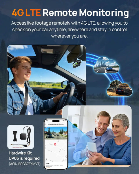 4G LTE Remote Access feature of the 4K Front And 1080P Rear Dash Cam with app interface and live monitoring on a smartphone.