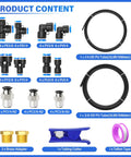 Product content of Black PU Air Tubing Kit With Quarter Inch And Three Eighth Inch OD Tubes, push fittings, hose, cutter, and tape.