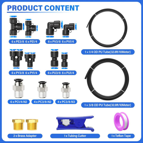 Product content of Black PU Air Tubing Kit With Quarter Inch And Three Eighth Inch OD Tubes, push fittings, hose, cutter, and tape.
