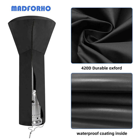 Universal Patio Heater Cover 89H X 33D X 19B Waterproof With Zipper 420D Fabric showing waterproof coating and oxford material.