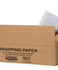 Open cardboard box showing rolled sheets of newsprint packing paper for moving and shipping, 500 sheets, 24 x 30 inches, acid-free.