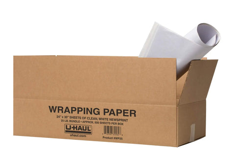 Open cardboard box showing rolled sheets of newsprint packing paper for moving and shipping, 500 sheets, 24 x 30 inches, acid-free.