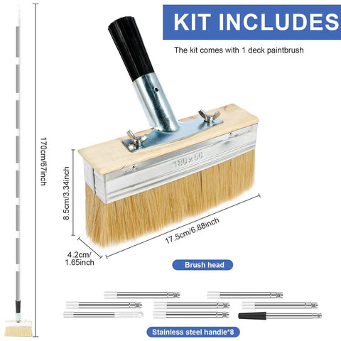 All In One Deck Stain Brush Kit With 67 Inch Extendable Handle showing brush dimensions and pole sections details.